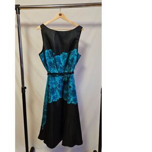 CB Established 1962 Black Blue Floral Sleeveless Belted Dress Size 18